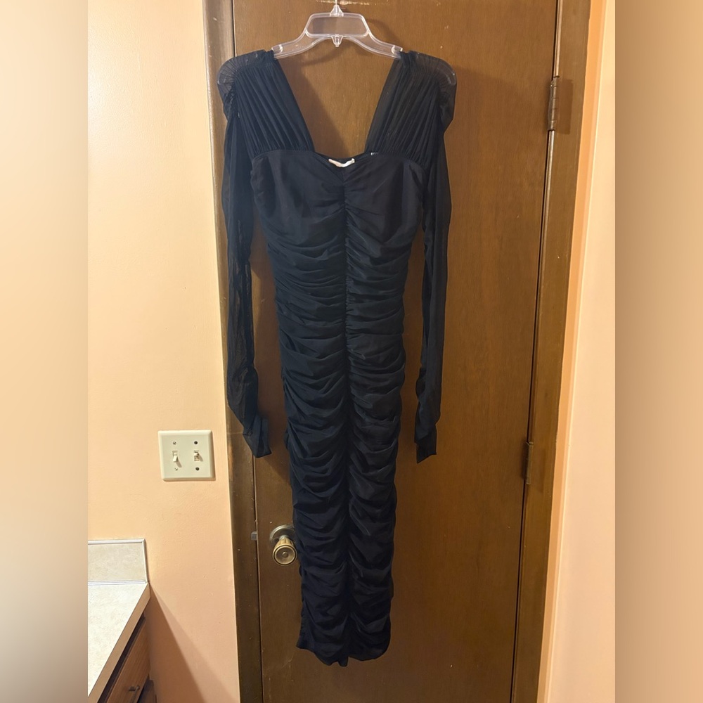 NWT A.L.C. Black Ruched Long Sleeve Midi Bodycon Dress